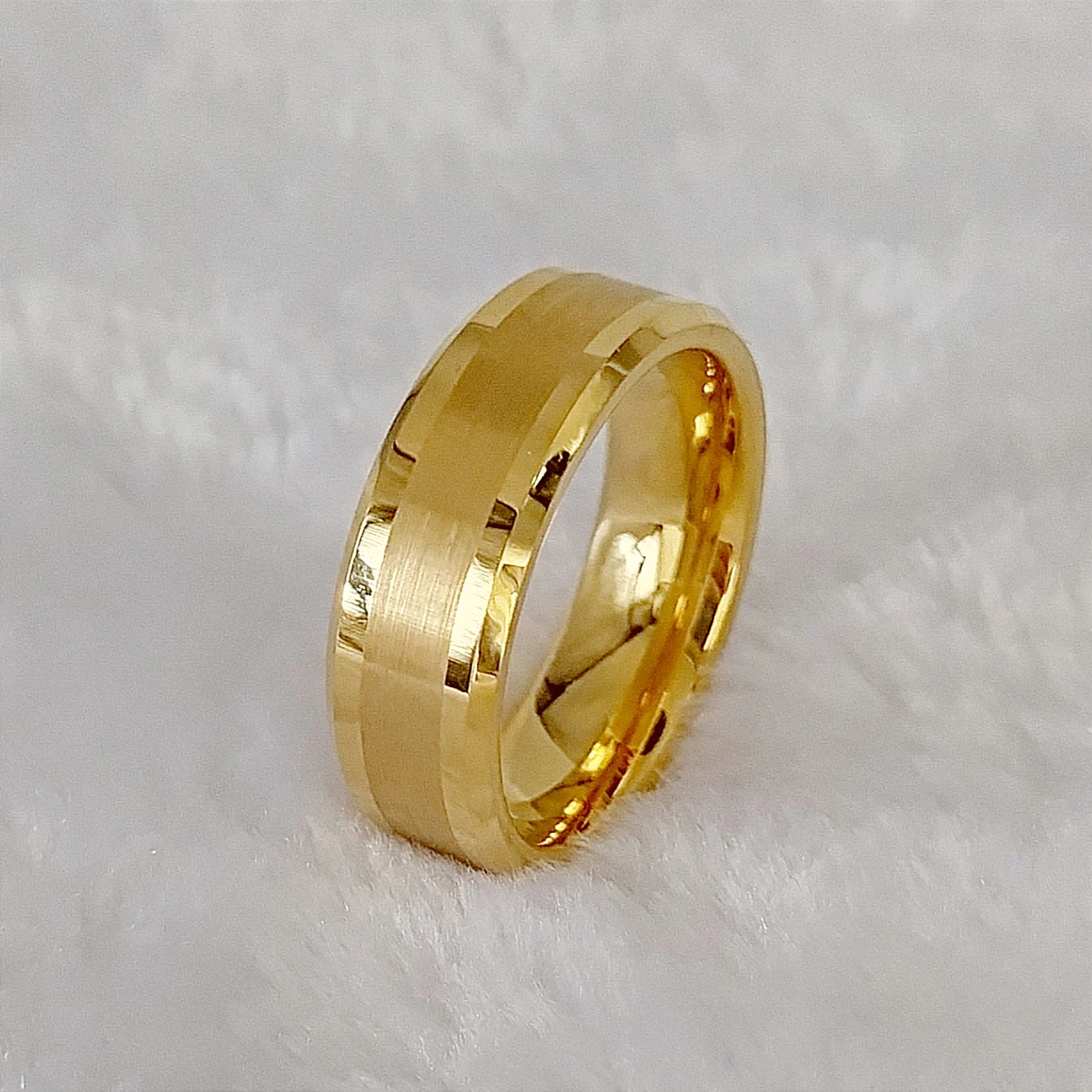 Two-Tone Ridged Edge 14K Gold Ion Plated Ring with Soft Brush Finish Stainless Steel Band. Couple Ring