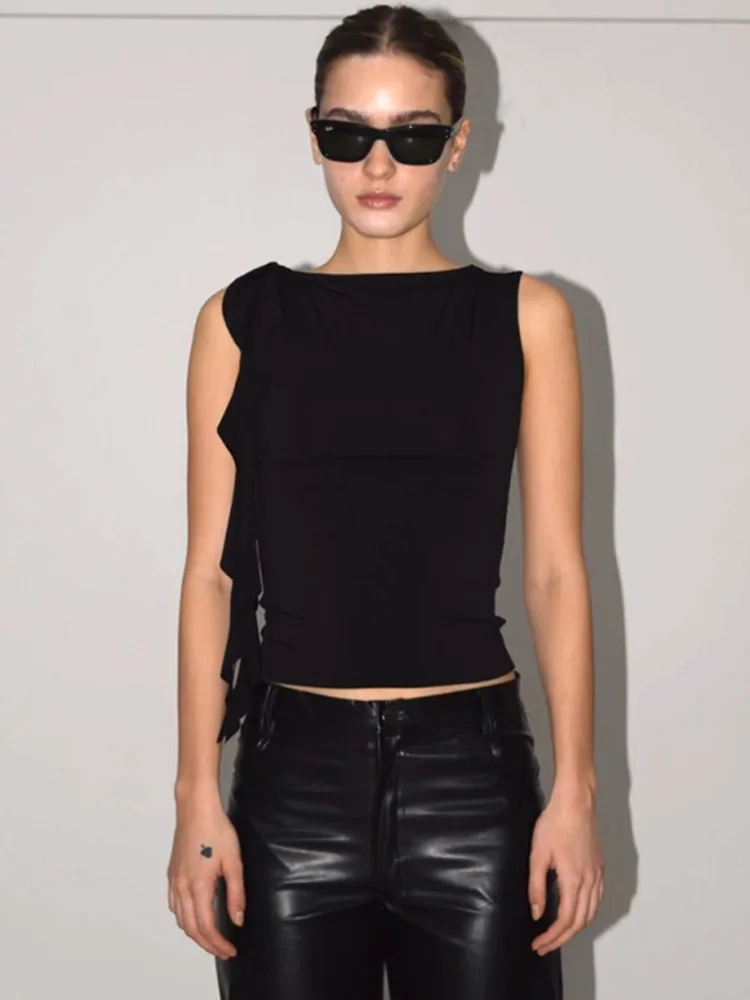 Summer Women'S Solid Color Vest Fluttering Tassel Sleeveless Slim Pullover Round Neck T-Shirt Casual Street Wear Y2K 3
