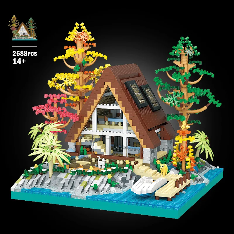 

Building Block Micro-Particle Street View Lake Island Wooden House Assembly Building Puzzle Construction Children Toys for Kids