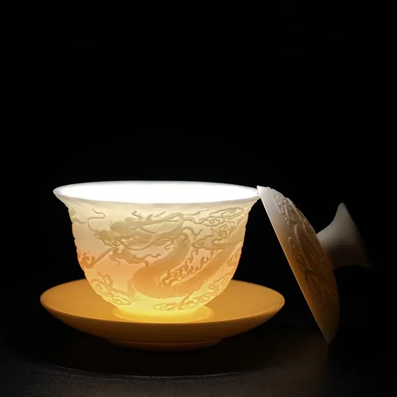 Tea Set White Porcelain Kung Fu Tea Set White Jade Relief Tureen Ceramic