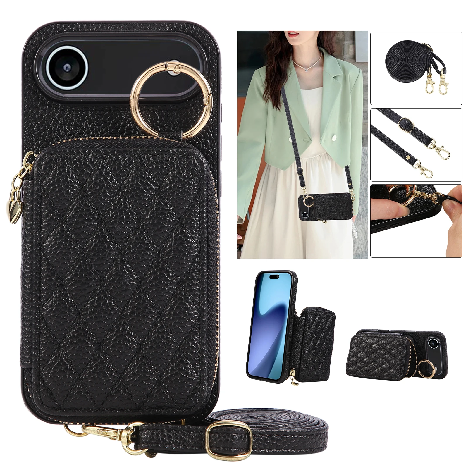 Leather Crossbody Zipper Card Wallet with Lanyard and Ring Holder
