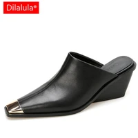 Dilalula 2025 Full Genuine Leather Mules Women Covered Metal Head Chunky Heels Comfortable Slippers Ladies Summer Dress Shoes
