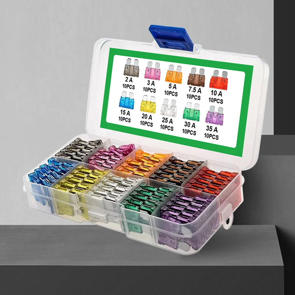100Pcs Blade Type Fuse Set 2A 3A 5A 7.5A 10A 10 Types Car Fuse Assortment with Box Blade Type Fuse Assorted Kit