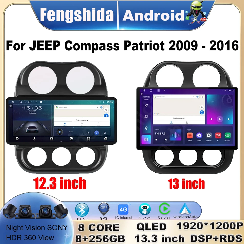 

13 inch For JEEP Compass Patriot 2009 -2016 Car android stereo radio QLED 1920*1200 resolution 8core 200° sony rear camera