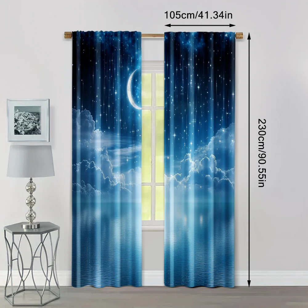 2pcs, Window Curtains Starry night sky moon and foggy clouds landscape Protecting Privacy Family Party Decoration Use for 4