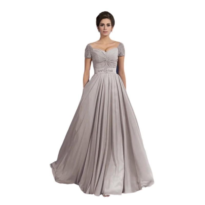 

Plus Size Mother Of The Bride Dresses A-line Cap Sleeves Floor Length Chiffon Beaded Long Groom Mother Dresses For Wedding