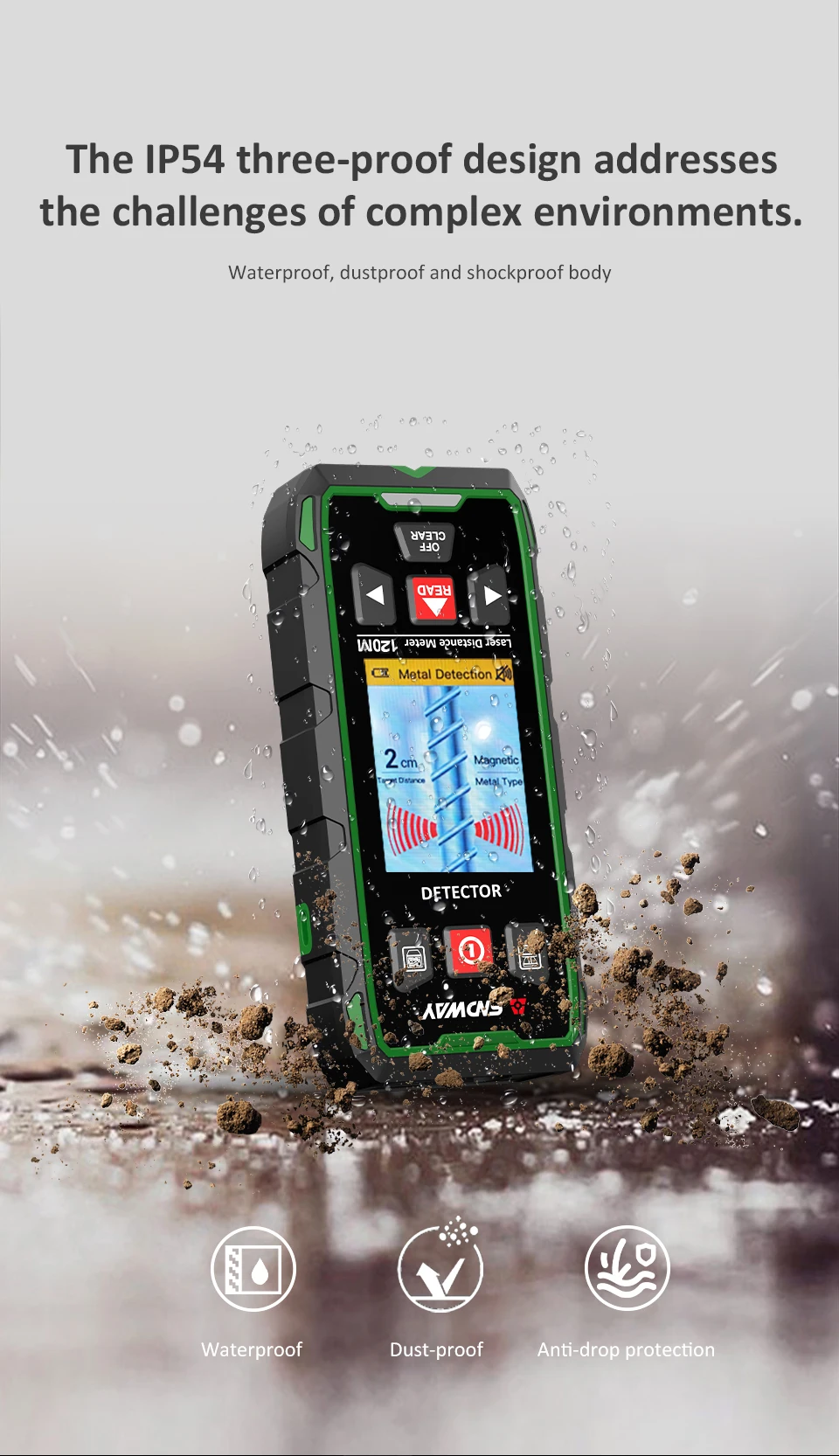 SW-6100GT 2-in-1 Laser Rangefinder Wall Scanner Metal Wood Stud Live Cable Detec