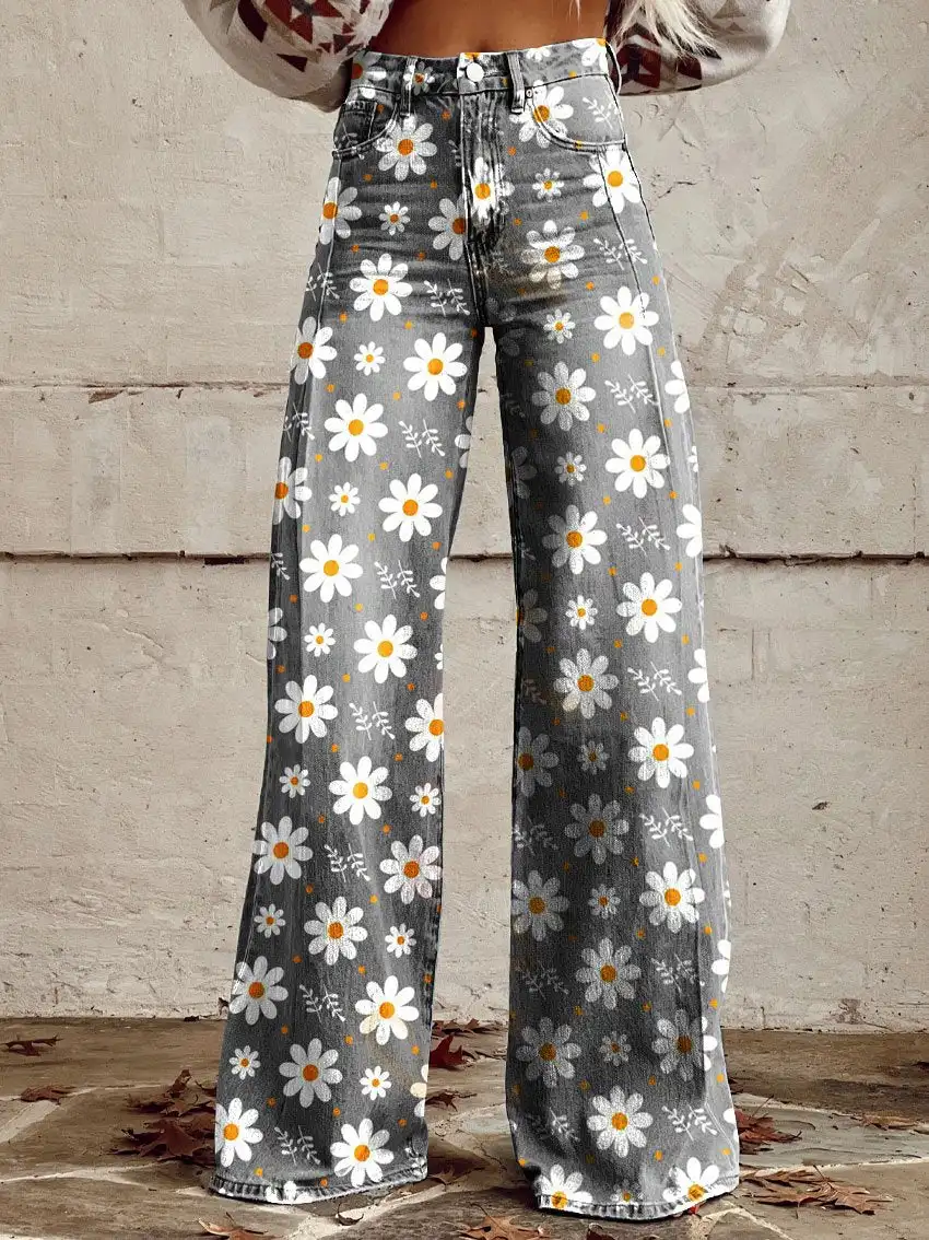 Fashionable women's wide-leg pants, retro butterfly 3D pattern, suitable for daily shopping casual women's wide-leg pants S-3XL