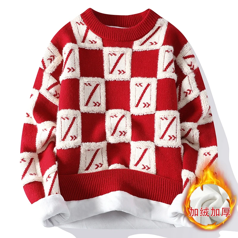 

Men's Round Neck Sweater Autumn and Winter New Fashionable Printed Striped Plaid Long Sleeved Youth Popular Loose Sweater Tops