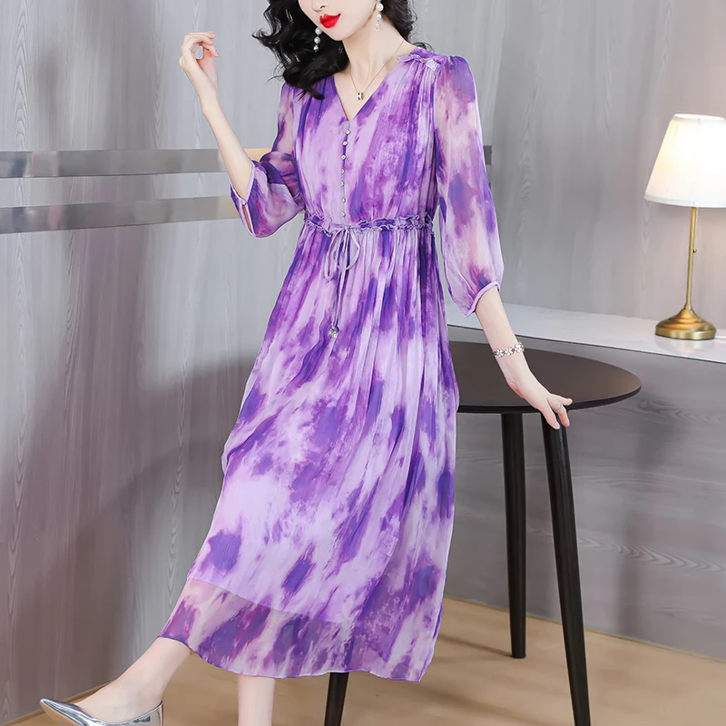 

2023 New Fashion Silk Printed Dress Women's Summer Versatile V-neck 7/4 Sleeve Loose Fit Casual Holiday Dress Vestidos