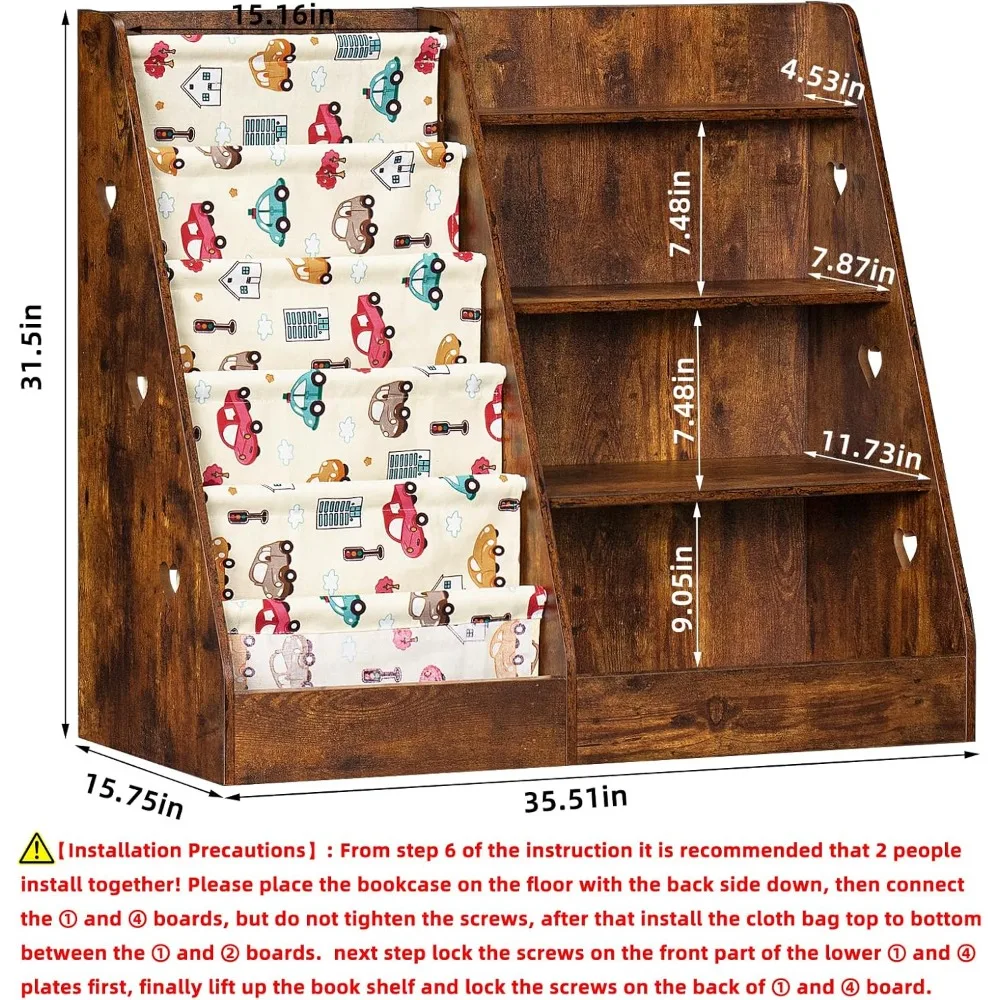 Kids Bookshelf and Storage Organizer,Sling Children Bookcase,Baby Toddler Wooden Book Shelf,Display Cabinet for Playroom,Bedroom 3