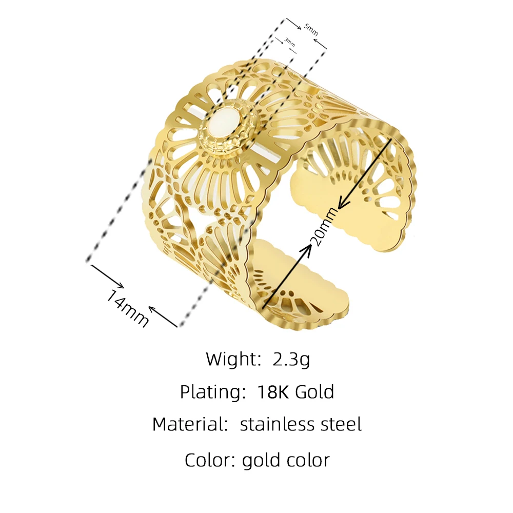 Stainless Steel Wide Finger Rings Hollow Carving Adjustable Jewelry for Women YACHAN 18K Gold Plated
