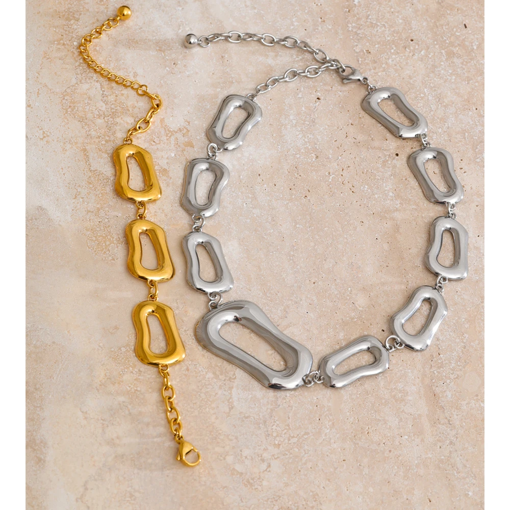 Yhpup Distinctive Smooth Stainless Steel Rectangle Chain Necklace Bracelet Bangle Rust Proof Metal High Quality Jewelry 4