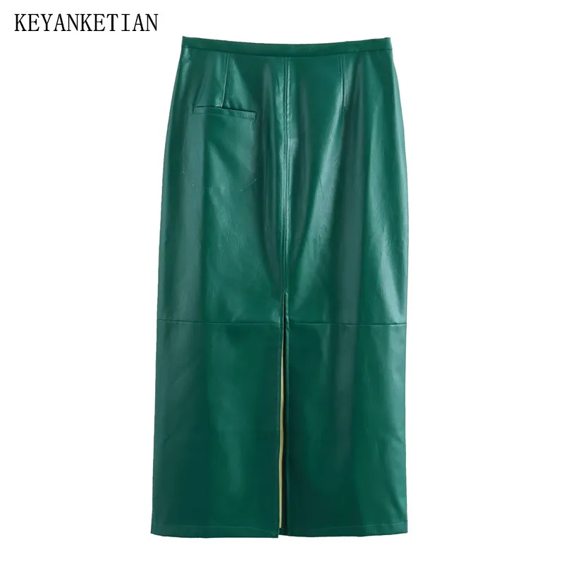 

KEYANKETIAN New Launch Women's Dark Green Faux leather Skirt Spring Retro style Side Zipper High-waisted A-line Slit MIDI Skirt