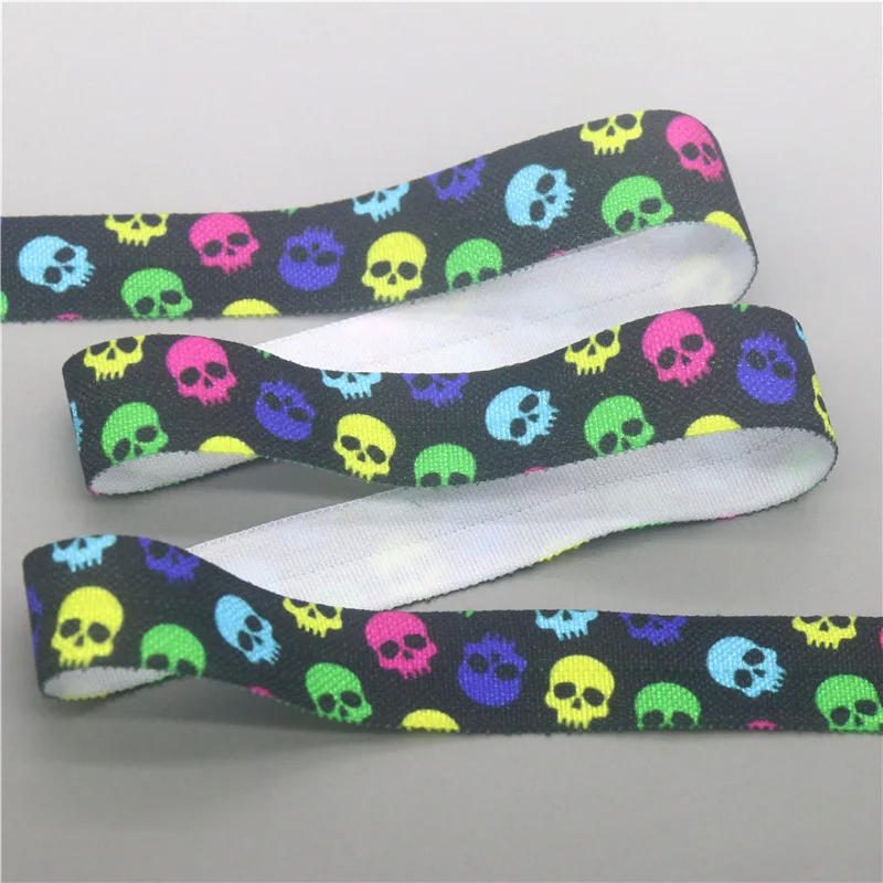 DHK 5/8'' 5yards Skull Printed Fold Elastic FOE Stretch Ribbon Hairbow Accessories Craft DIY Sewing E