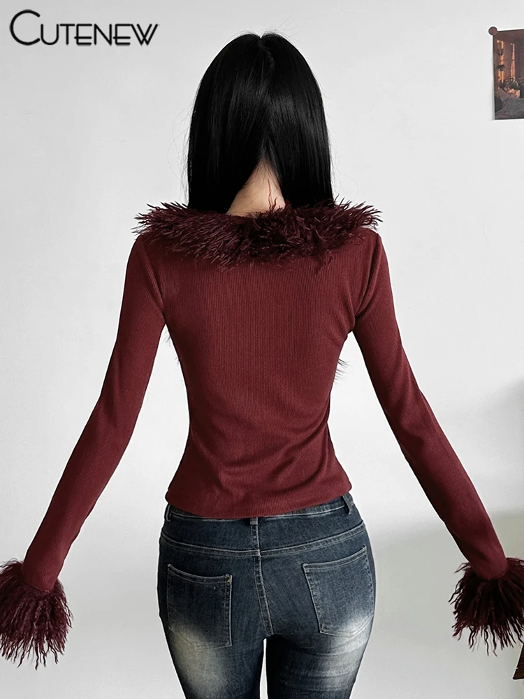 Feather Patchwork Women Tops Autumn Hipster Solid Full Sleeve V-neck Split Ribbed Slim Tee Female All-matched Streetwear