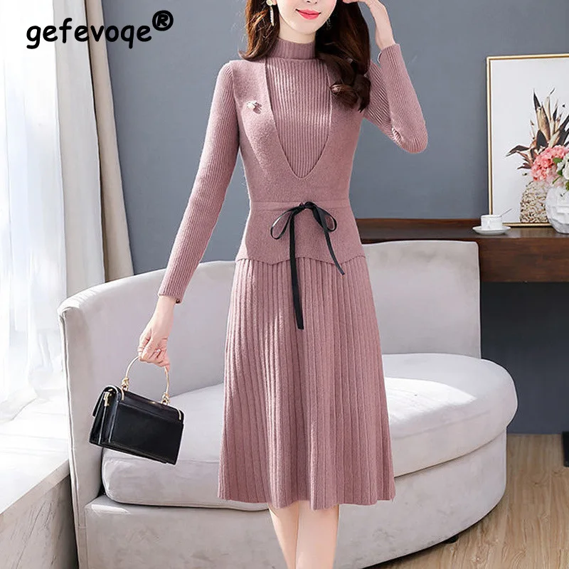 Autumn Winter Elegant Bow Knitted Sweater Vest Basic Dress Women's Fashion Slim Solid Long Sleeve Two Piece Sets Ladies Dresses