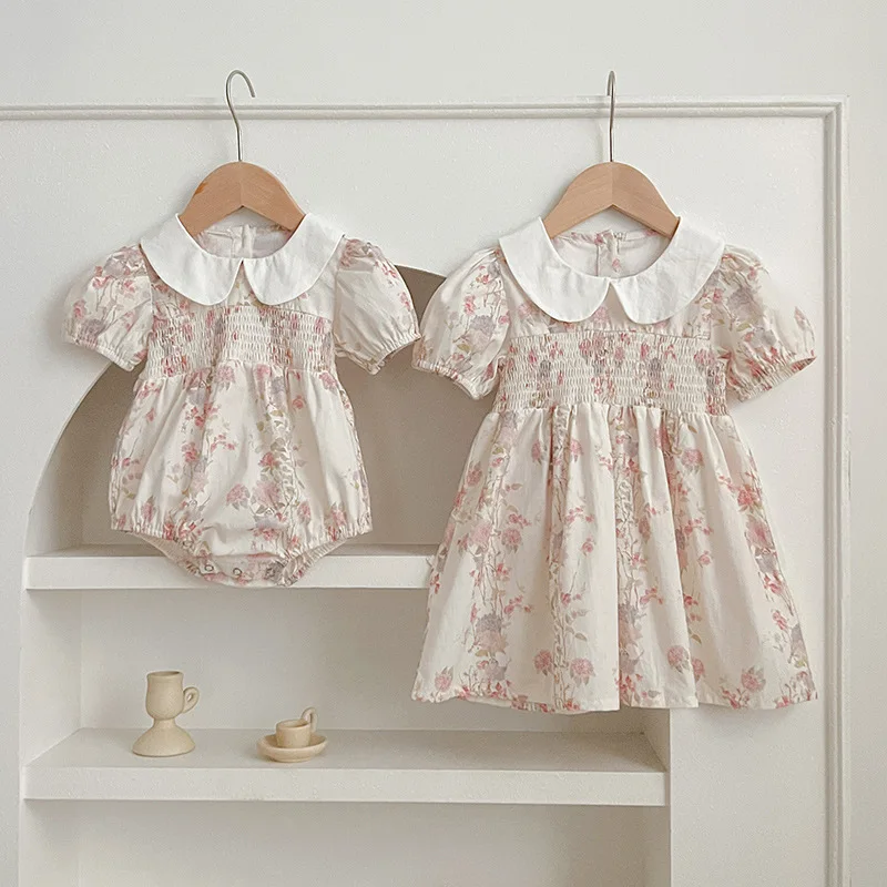 

Summer New Infant Girls Rompers Ruched Peter Pan Collar Muslin Newborn Girl Bodysuit Short Sleeve Floral Toddler Girls Dress