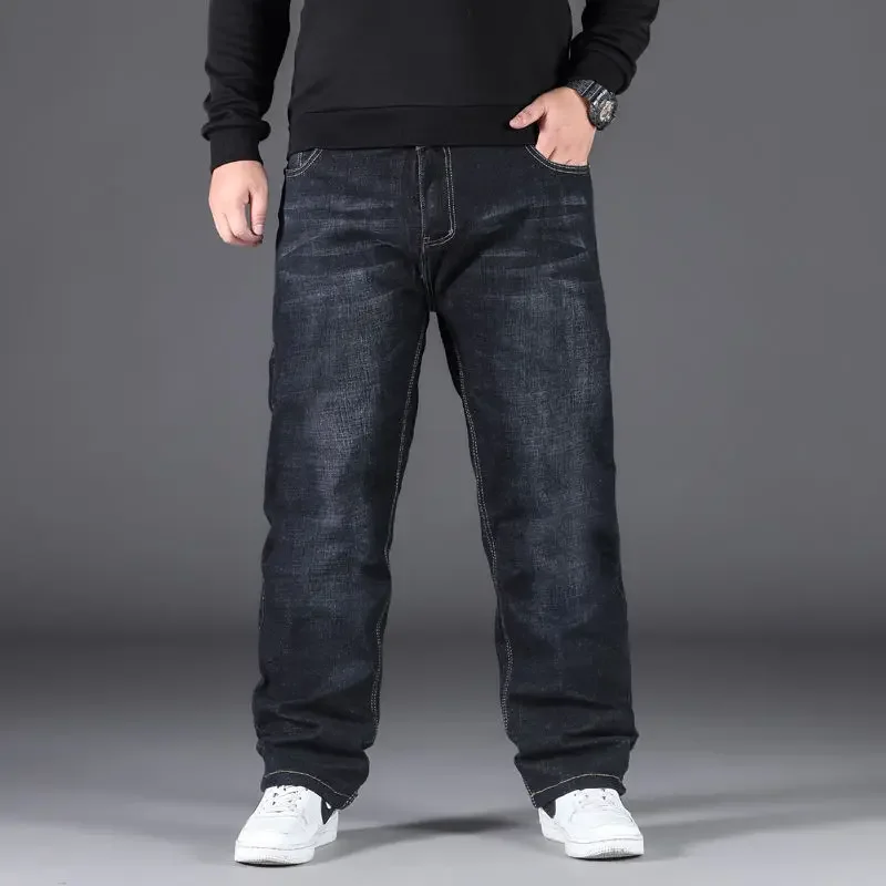 Big Size Baggy Jeans Men Autumn Winter Wool Denim Jeans Straight Pants Warm High Waist Elastic Trouser Blue Pants Men Clothing 5