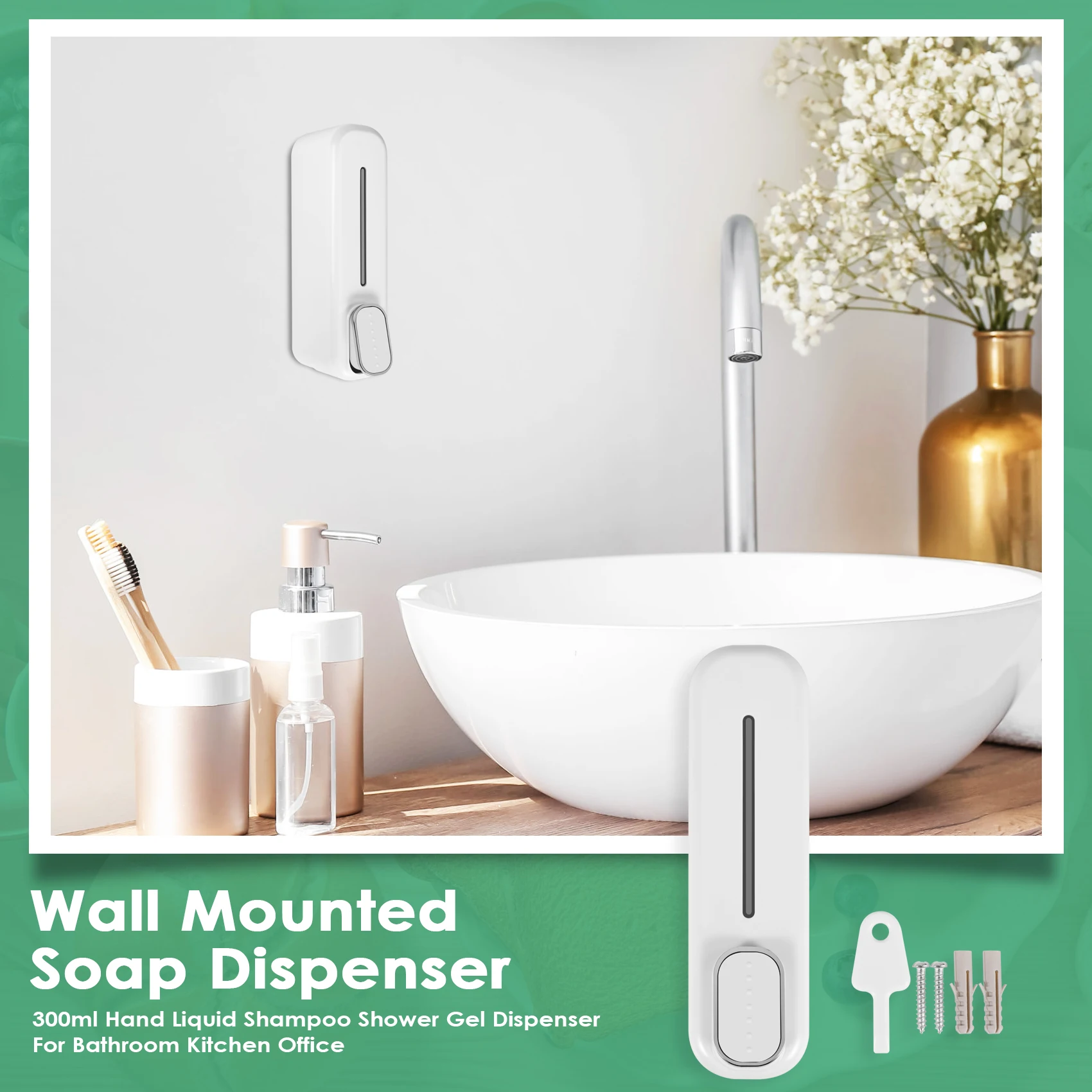Soap Dispenser Wall Mount, 350Ml Hand Liquid Shampoo Shower Gel Dispenser for Bathroom Kitchen Office White