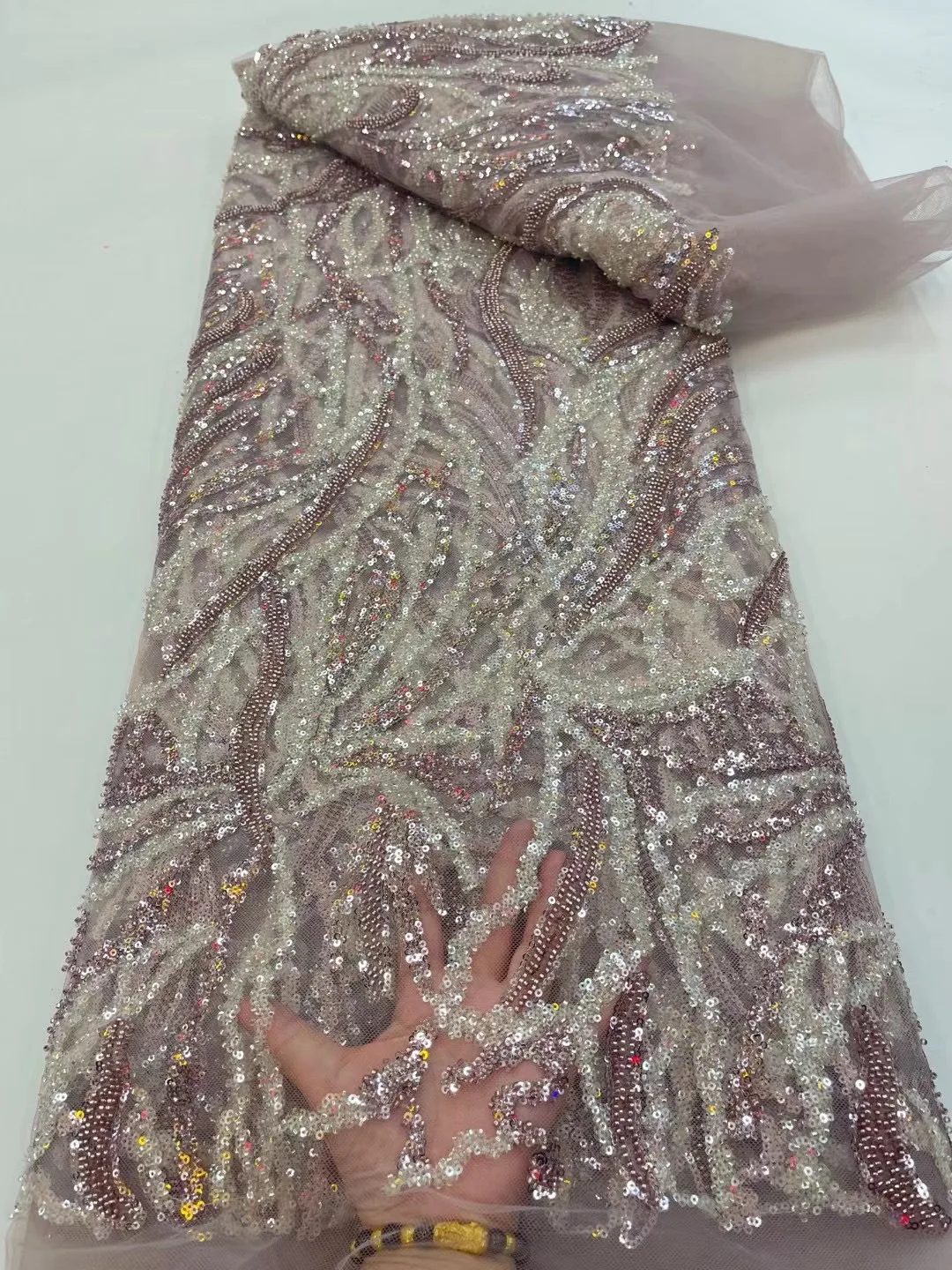 

2023 модная французская текстурированная кружевная ткань ручной работы с бисером, тяжелая африканская Роскошная фотография для женского свадебного платья