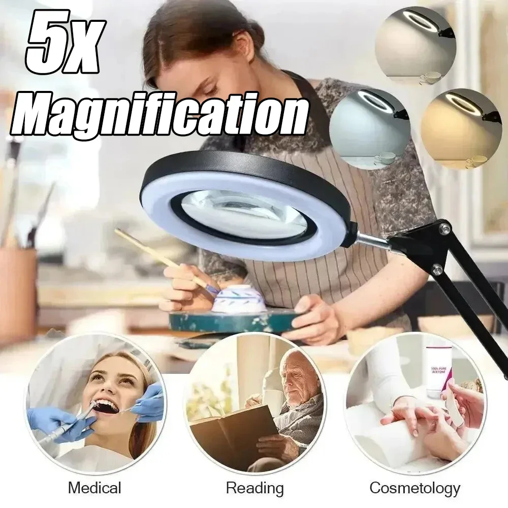 5X Magnifying Glass with Light 2-in-1 LED Lighted Magnifier 3 Color Modes Stepless Dimmable Hands Free Magnifying Desk Lamp