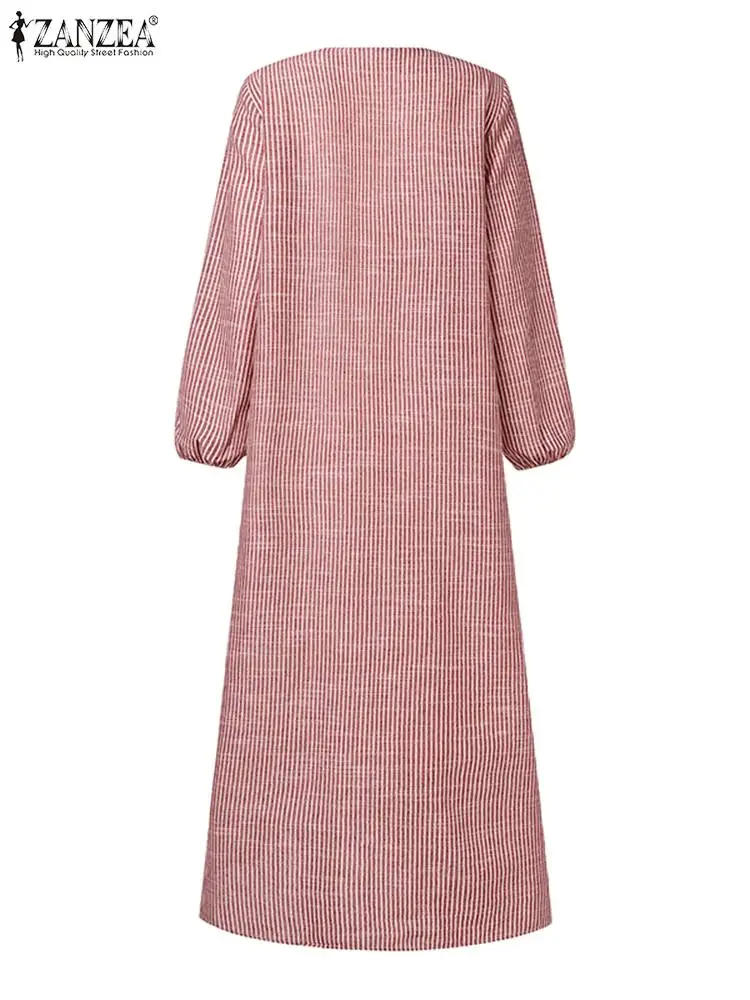 ZANZEA Autumn Sundress Women Vintage Long Sleeve Islamic Clothing Dubai Vestido Fashion Striped Muslim Abaya Dress Robe Femme
