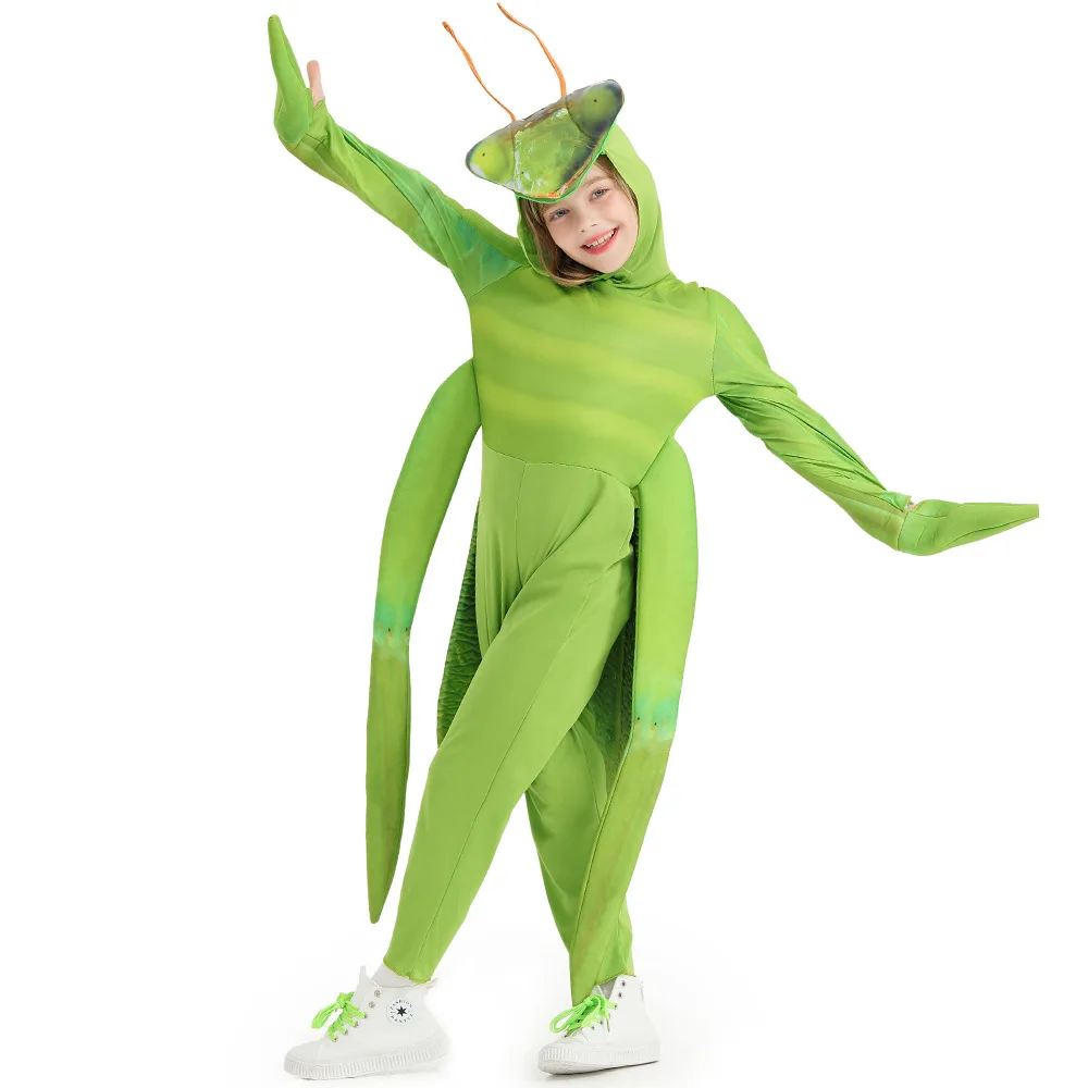 Kids Praying Mantis Costume Children's Insect Jumpsuit with Hooded Hat Halloween Party Dress Up Outfit Clohting Set