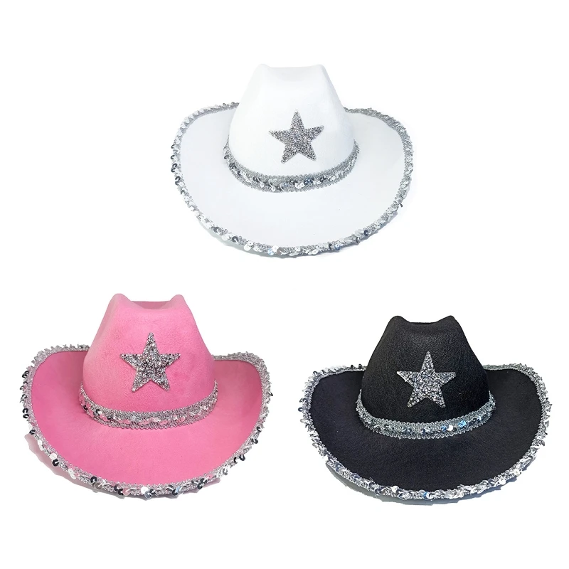 Pentagram Cowboy Hat Star Sequin Birthday Party Hats Cowgirl Hats Women Performance Hat For Adults Party Cosplay