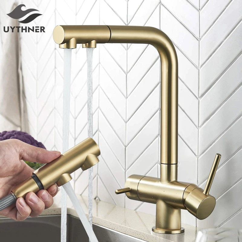 Uythner Waterfilter Kitchen Faucet Dual Handles Deck Mounted Pull Out Mixer Tap 360 Degree Rotation Water Purification Crane