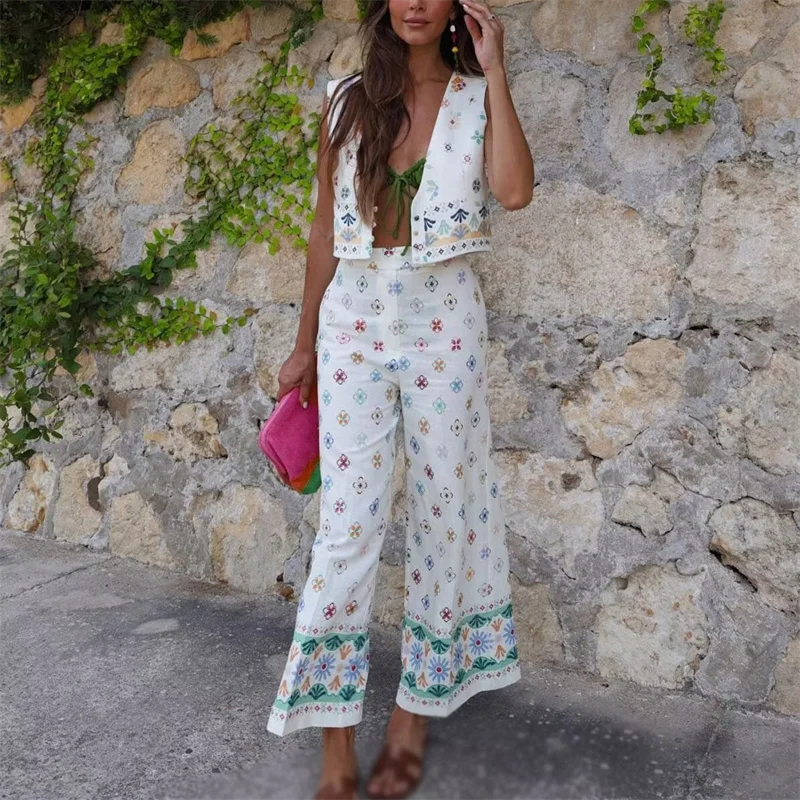 

Woman Elegant White Linen Print Tank Suit 2023 Summer Girls Casual Crop Tanks Set Female High Street Straight Pants Sets