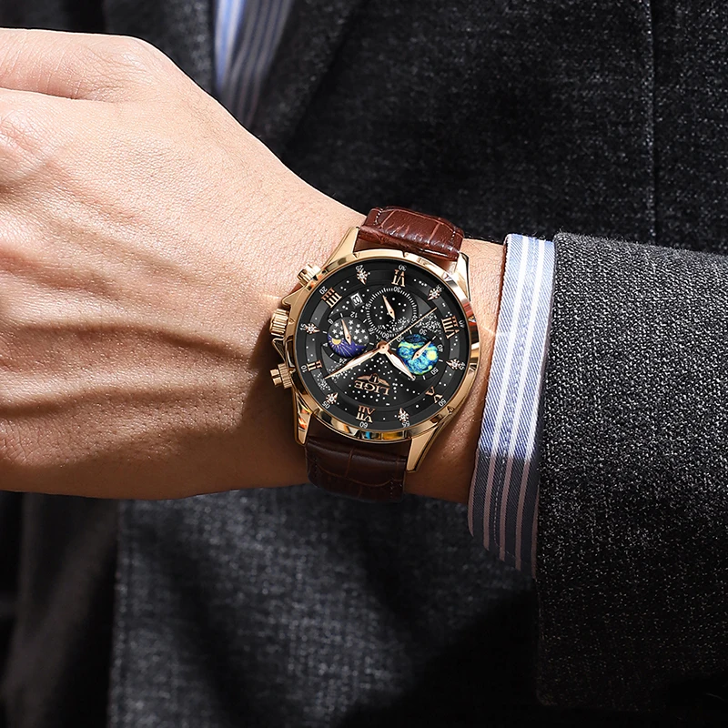LIGE Sports Chronograph Wrist Watches For Men Waterproof Luminous Quartz Men Watch Fashion Leather 24 hour Moon Phase Watch Men