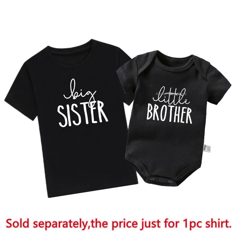 New Big Sis Lil Bro Sibling Shirts Cotton Family Matching Brother Sister Outfits Black Kids Tees Tops Baby Romper Birthday Gifts 2