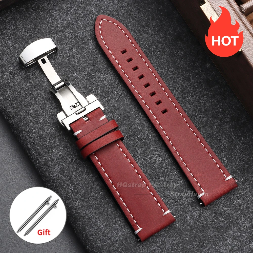 Vintage Leather Watch Strap with Butterfly Buckle - Premium Business Wristband Accessory