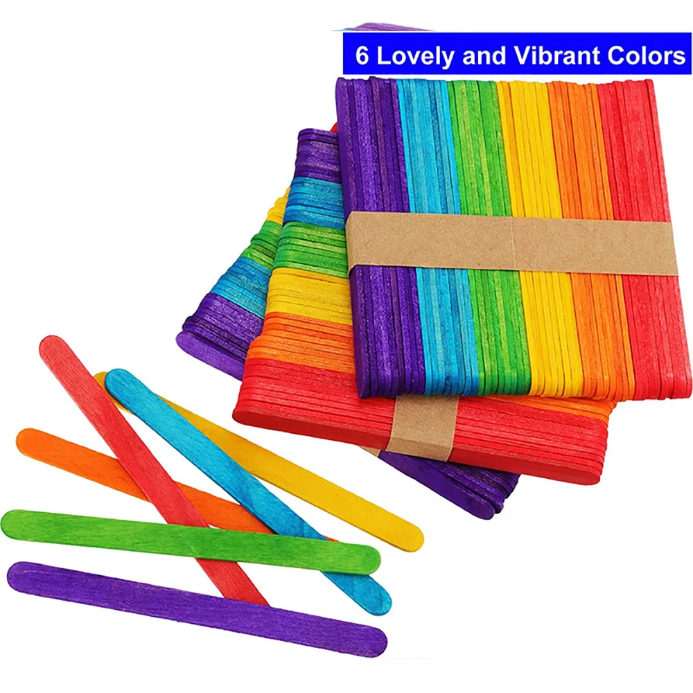 UPORS 50Pcs/Set Ice Cream Sticks Natural Wooden Ice Pop Popsicle Sticks Colorful Wood Craft for Children DIY Homemade