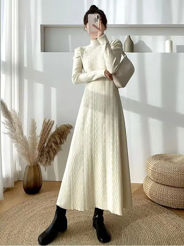 

RDMQ 2023 Turtleneck Women Dresses Puff Sleeve Solid Autumn Winter Vestidos Korean Fashion Elegant Vintage A-line Robe Femme