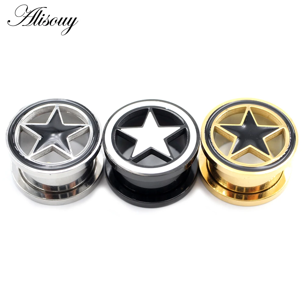 2PCS Stainless Steel Enamel Star Screw Round Ear Gauges Tunnels Plugs Expander Stretcher Earrings Piercing Body Jewelry piercing jewelry body piercing jewelry body jewelry ear piercing jewelry body piercing earrings metal jewelry