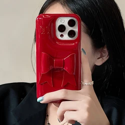 Korean Vintage Red 3D Bowknot Leather Case - Creative Glossy Soap Soft Cover - iPhone 12 Pro Max (Red)