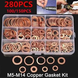 100/150/280Pcs Copper Washer Gasket Nut And Bolt Set Flat Ring Seal Assortment Kit With Box M5/M6/M8/M10/M12/M14 For Sump Plugs
