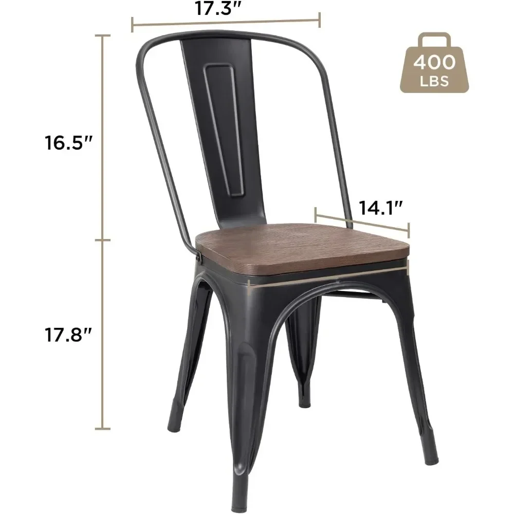 Metal Dining Chair Stackable Industrial Vintage Kitchen Chairs Indoor-Outdoor Bistro Cafe Side Chairs with Back and Wooden Seat 2