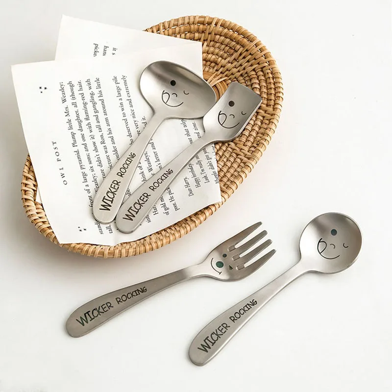 Stainless Steel 304 Kids Cutlery Cartoon Smiling Pattern Carving Child Tableware Cute Spoon Fork Set Baby Feeding Flatware