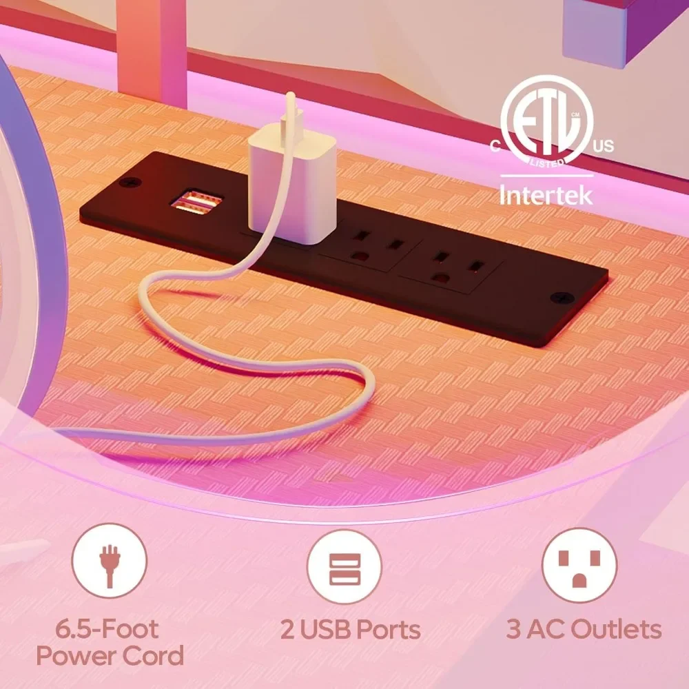 Computer Desk with Power Outlets & LED Lights with Monitor Stand & Adjustable Shelves, Cup Holder Hook, 55 inch Pink Gaming Desk 3