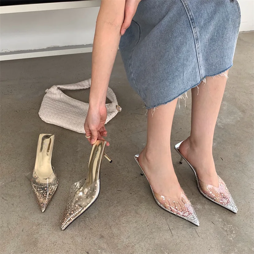Transparent Sexy Pointed Half Slippers Women's Bag Head 2023 Spring/summer New High Heel Thin Heel Rhinestone Sandals