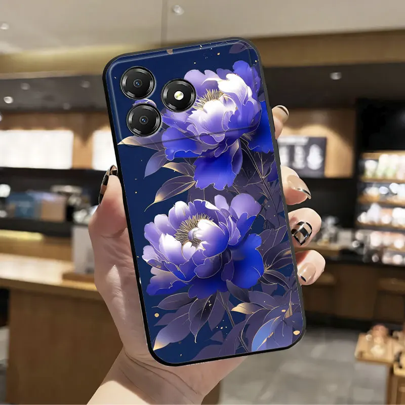 Floral Print Black Silicone Protective Phone Case