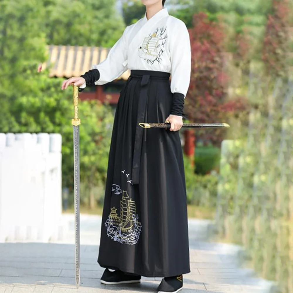 Hanfu Traditional National Chinese Style Costume Men Ancient Cosplay Performance Jacket Skirt Hand Rope Martial Arts Style Suit janevini hanfu hand fan ancient chinese gold wedding bridal bouquet pearls flowers crystal round tassel bride fan bouquet mariee