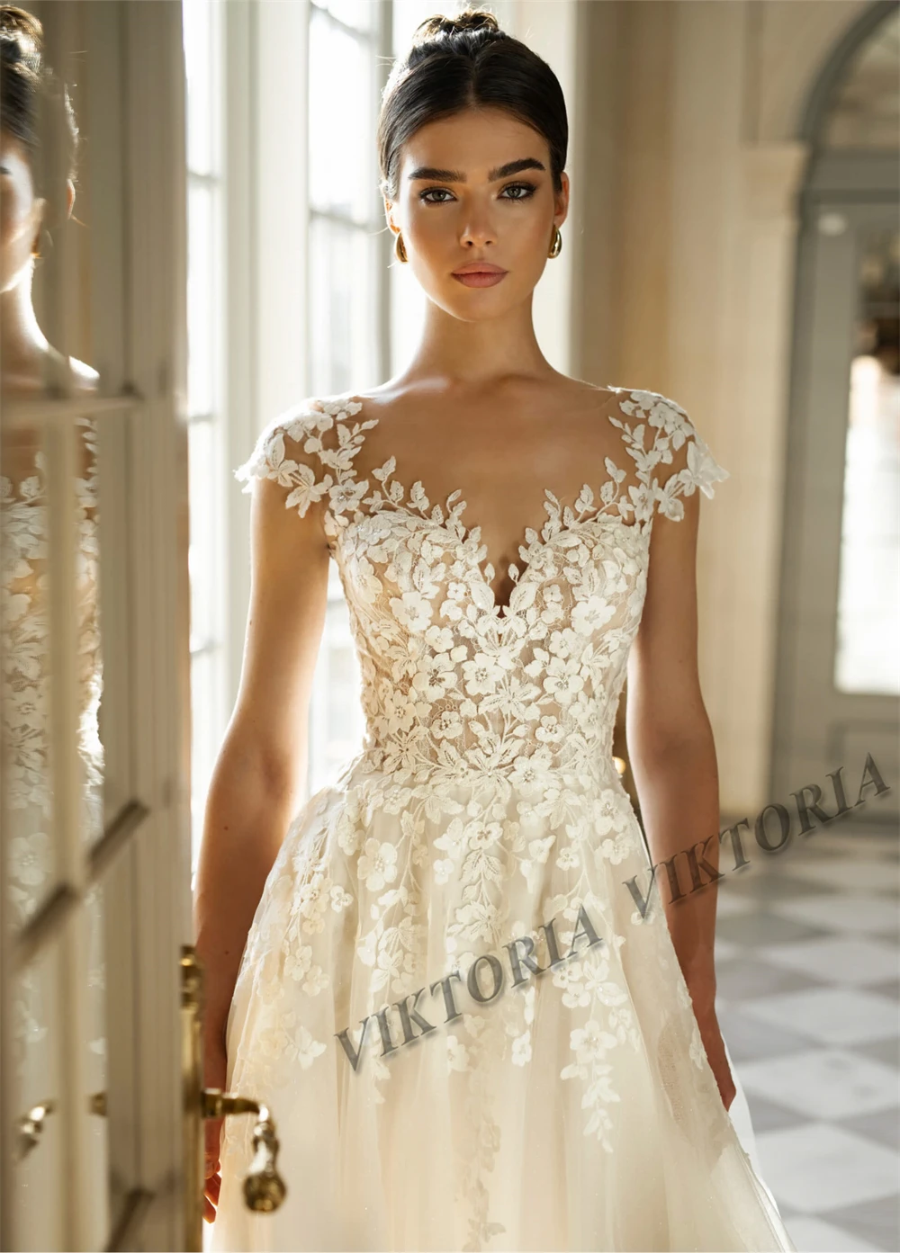 VIKTORIA Charming Cap Sleeves Wedding Dresses For Woman Bride O-neck  Backless Tulle Pleat Robe De Mariée Personalized Customized
