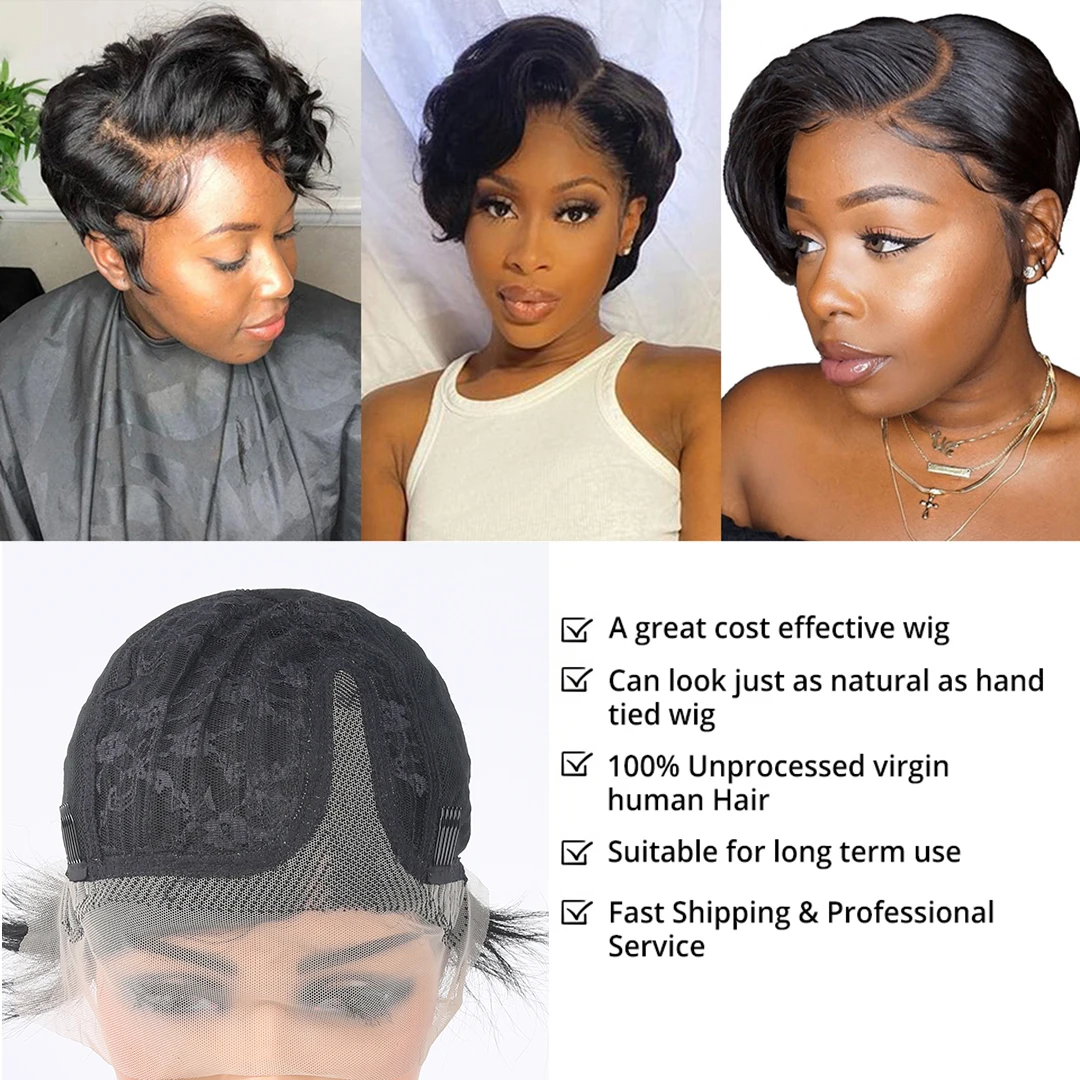 6inch Short Pixie Cut Bob Wig Straight Human Hair 150% Density 13×4 Lace Frontal Wig for Women Daily Wear With Natural Hairline
