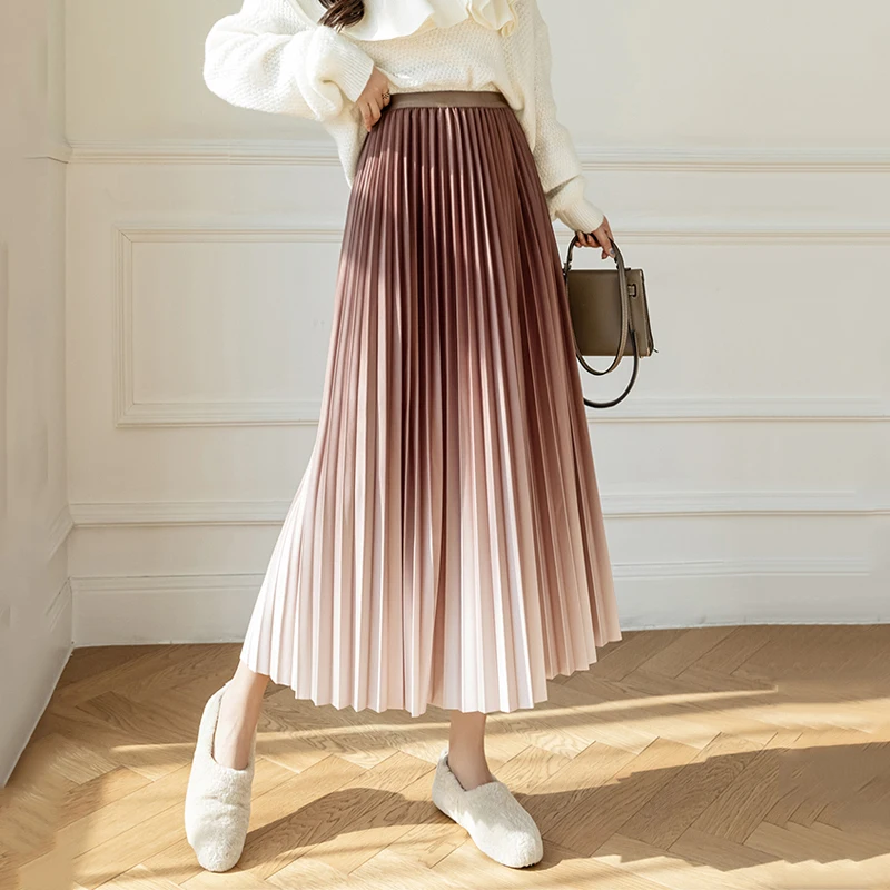 

OHRYIYIE Spring Summer Long Gradient Color Pleated Skirt Women 2023 New Elastic High Waist A-Line Skirt Female All Match Skirt