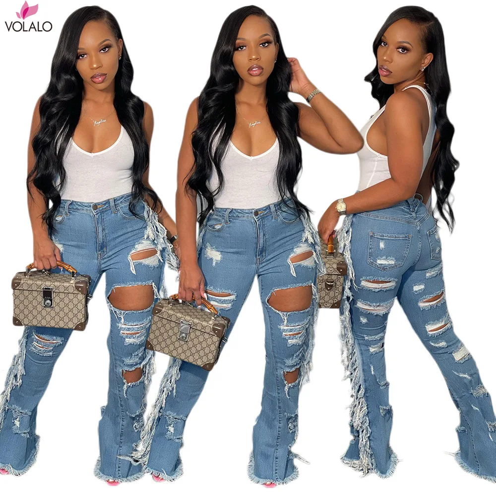 

VOLALO Women Big Ruffles Distressed Holes Jeans Pants Button Fly Stretchy Fashion Casual Denim Trousers