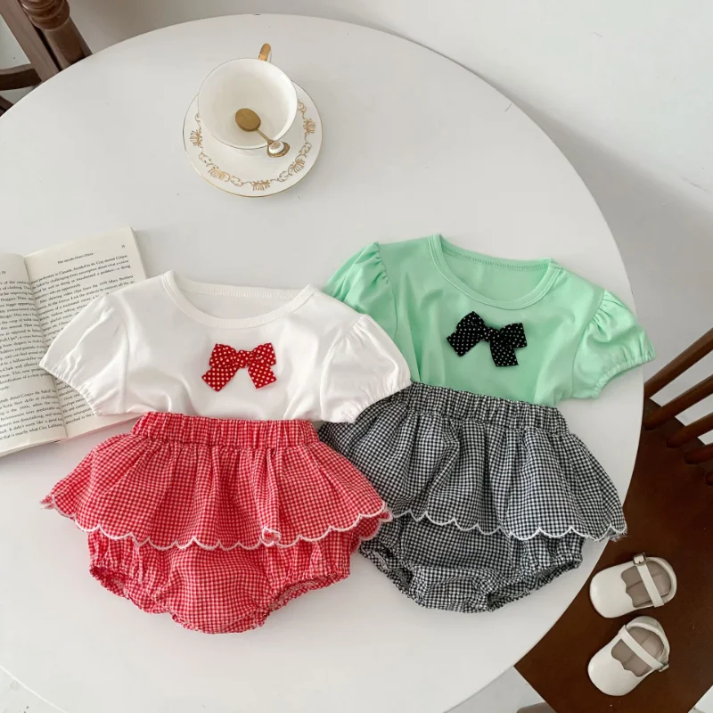 

2023 Summer Baby Clothes Set Infant Bow T-shirt+Checked Bloomer Toddler Outwear 2PCS